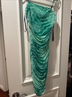 Marciano Teal Tie-Dye Ruched Midi Dress